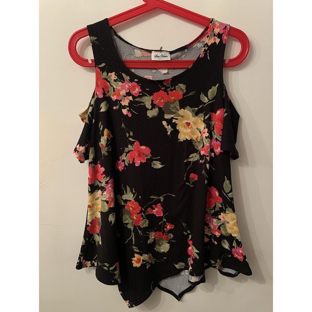 Vintage Star Vixen Cold Shoulder Floral Print Top Pointed Hem Petite Large USA